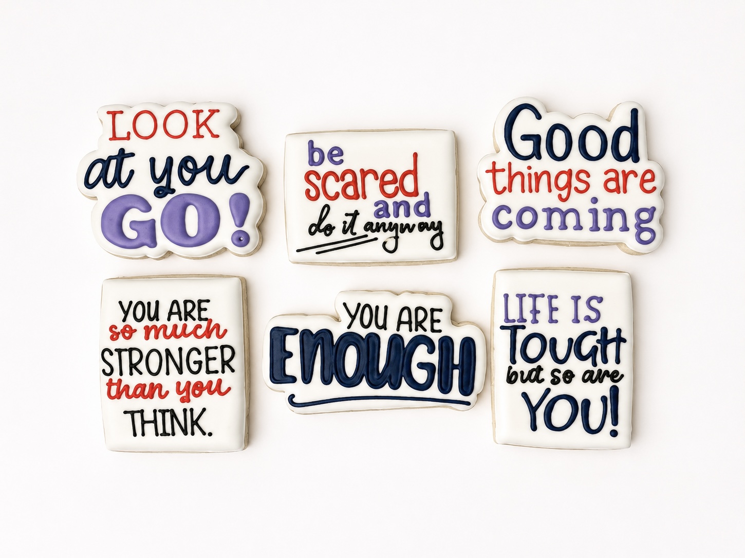 Six Affirmations Midi cookies with encouraging messages in red, navy, purple, and black