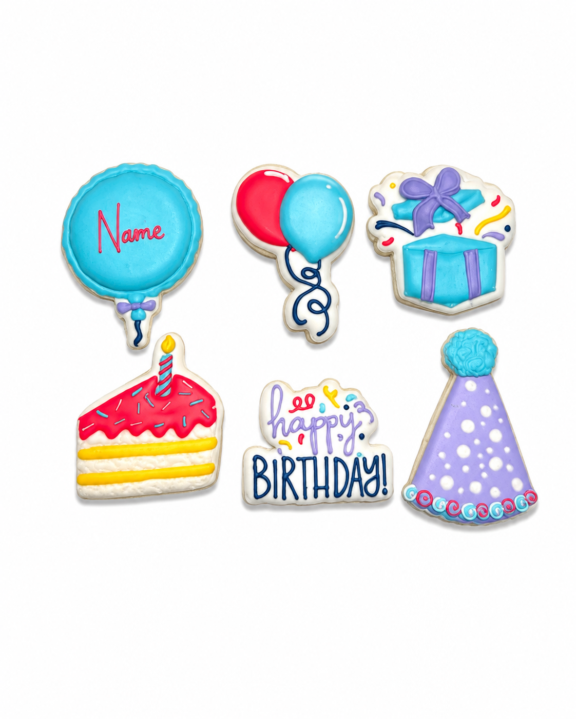 Six Birthday Midi cookies with balloons, a gift, cake, birthday message, party hat, and personalized name cookie