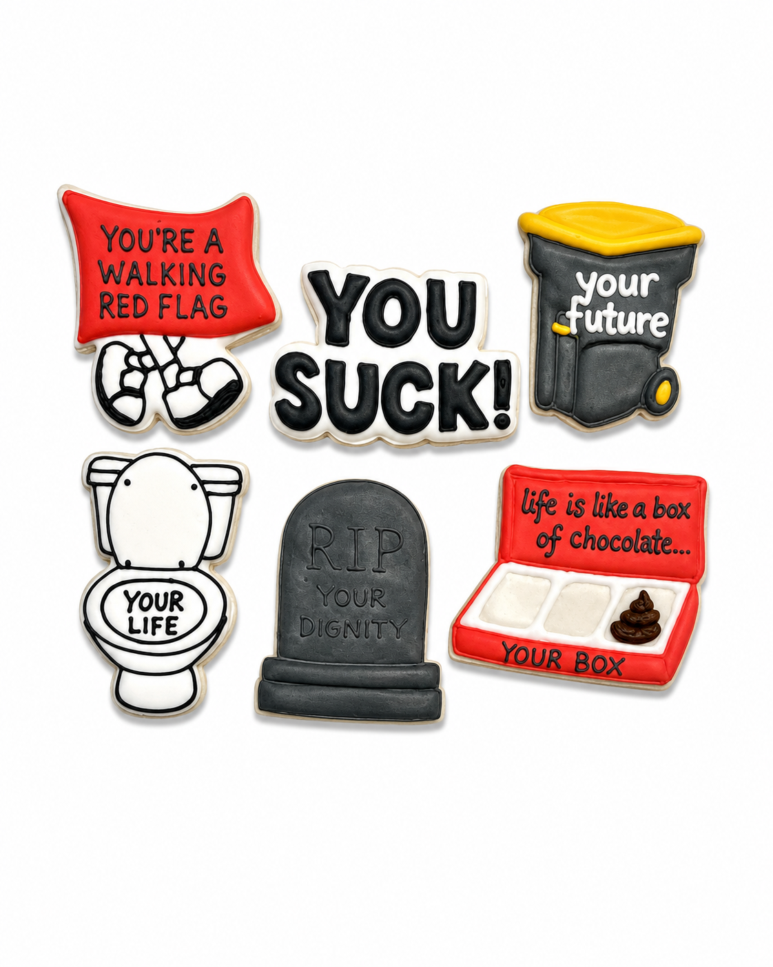 Six Insults Midi cookies with playful black, white, red, and yellow designs