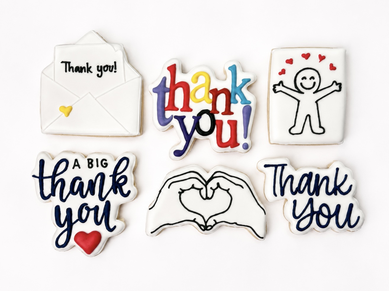Six Thank You Midi cookies with colorful and handwritten thank-you designs