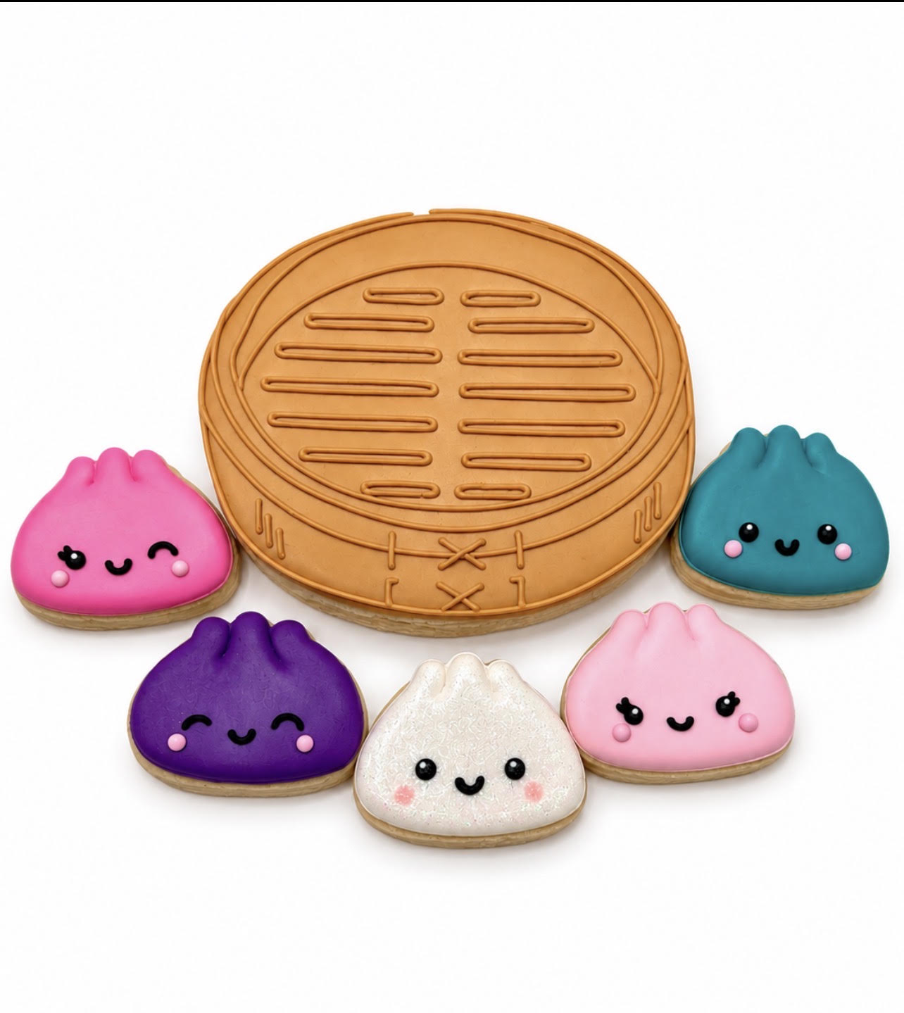 Lucky Little Dumplings cookie set with five mini dumpling cookies and an oversized steamer basket cookie
